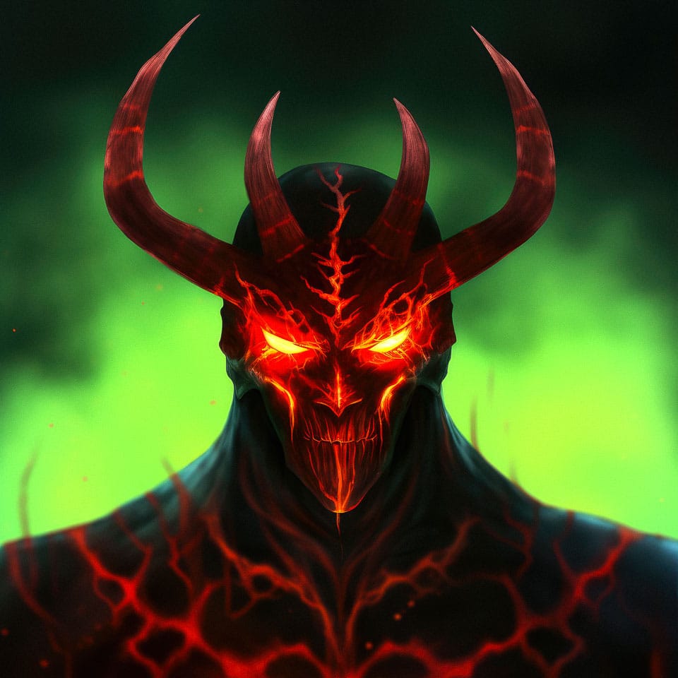 Chernobog, a horned demonic figure in dark digital art with glowing red cracks and neon green light