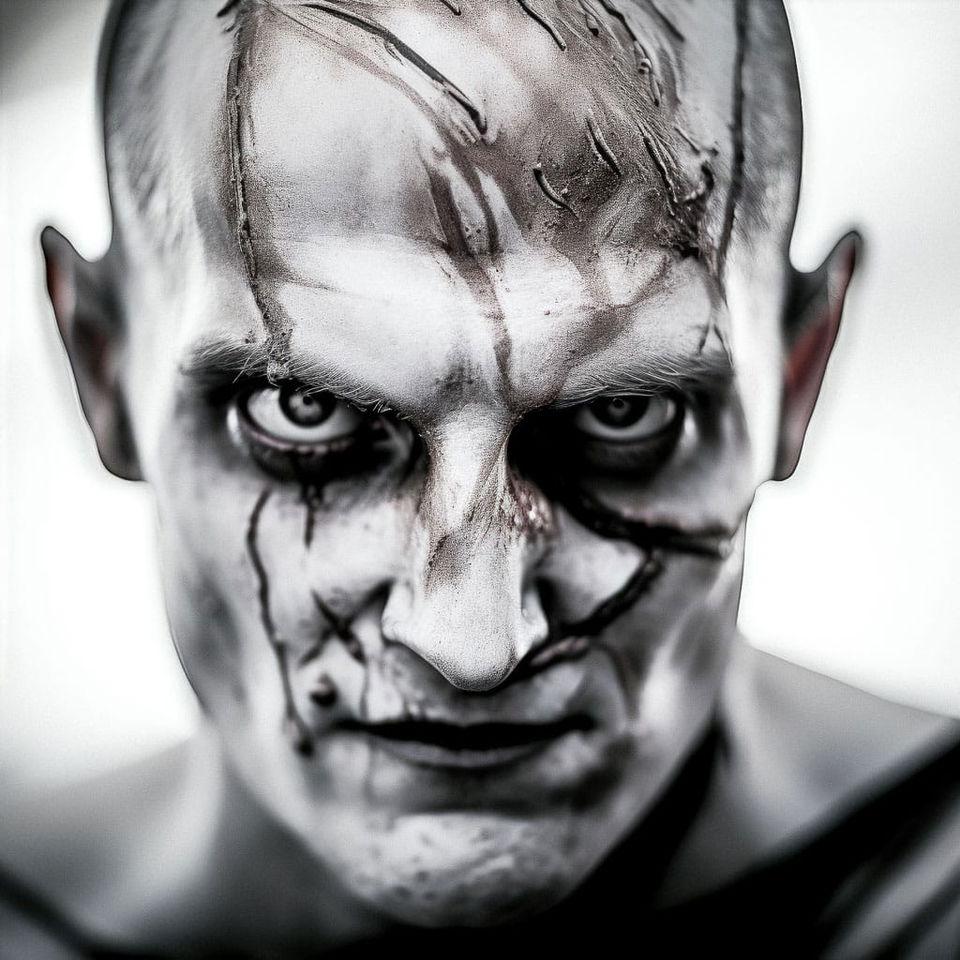 Chernobog portrait as a stark black-and-white photograph with harsh contrast and shadows