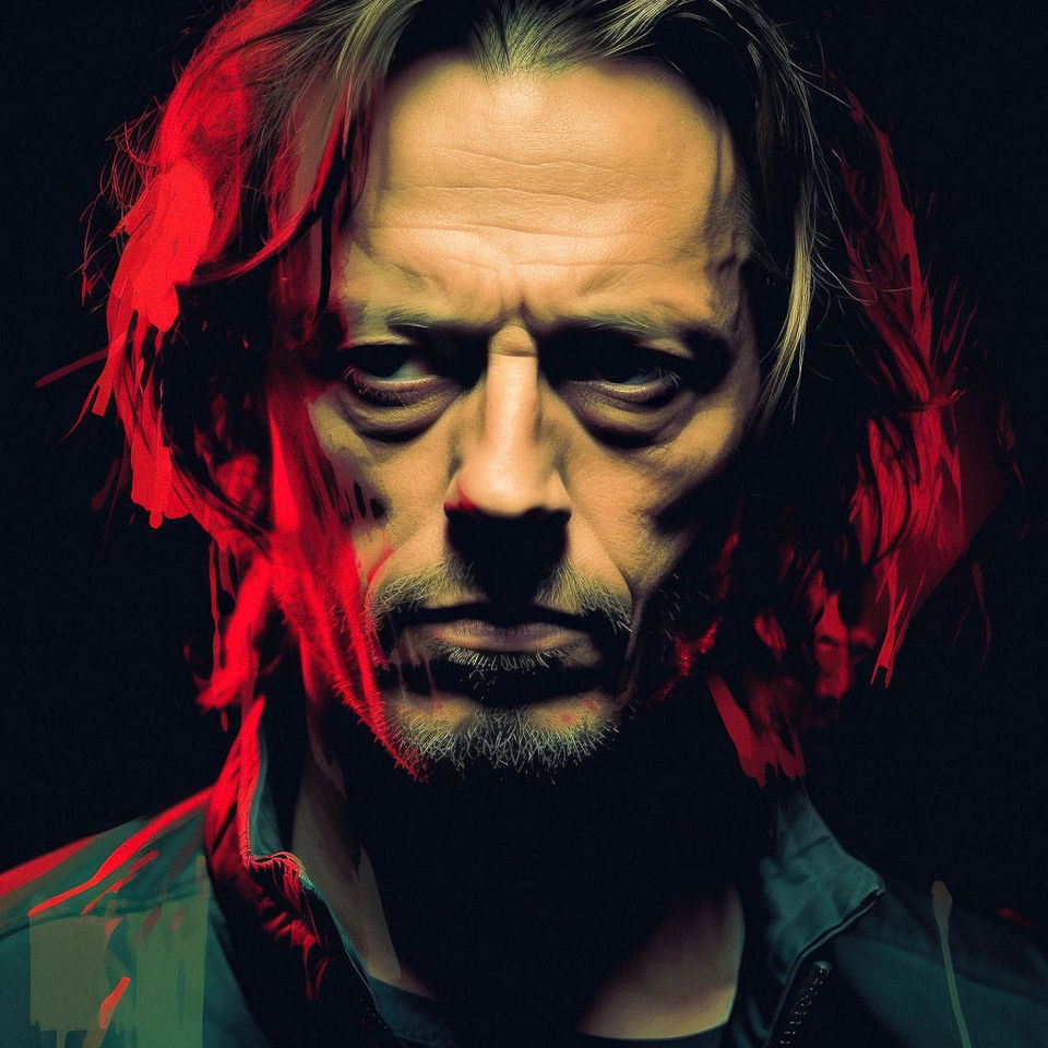 Intense close-up portrait of a man in gritty digital art with stark red and green lighting