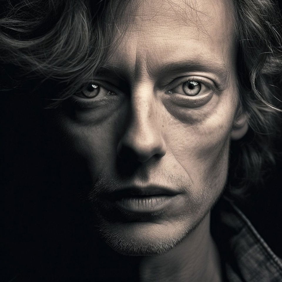 Close-up portrait with stark black-and-white photography, dramatic lighting, and deep shadows, Midjourney V5.2