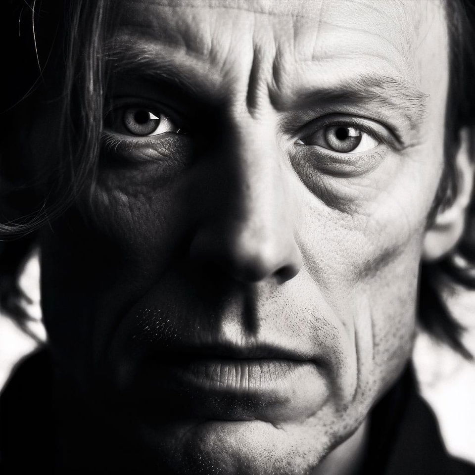 Close-up portrait of a man in high-contrast black-and-white photography with stark split lighting