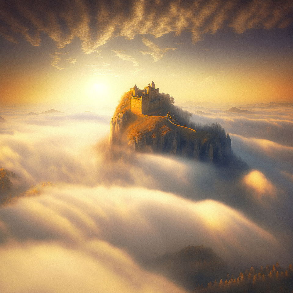 Castle in the skies, Midjourney prompt, --stylize 0, --seed 1, V4 image generation, artistic quality, composition, detail.