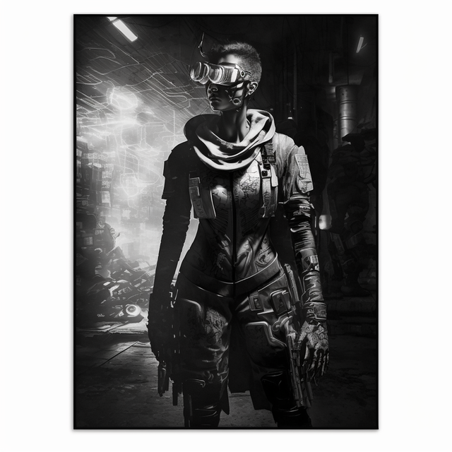 Cyberpunk character photogravure generated with Midjourney prompt using --stylize 0 for minimal styling strength.