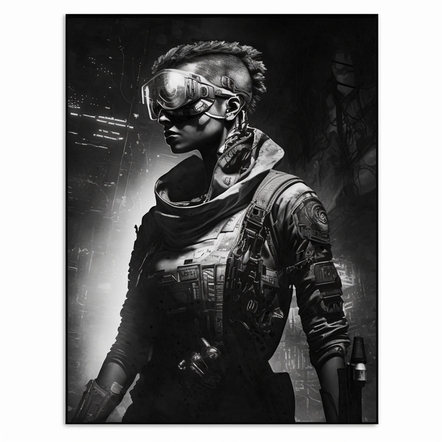 Cyberpunk character photogravure generated with Midjourney prompt, utilizing --stylize 100 for enhanced detail and composition.