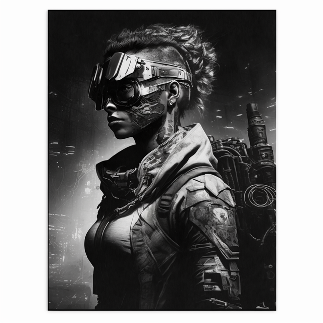 Cyberpunk character photogravure generated using Midjourney prompt with --stylize 500 for enhanced detail and artistic quality.
