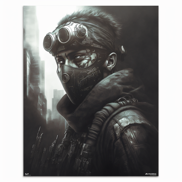 Cyberpunk character photogravure generated with Midjourney prompt using --stylize 1000 for enhanced detail and artistic quality.
