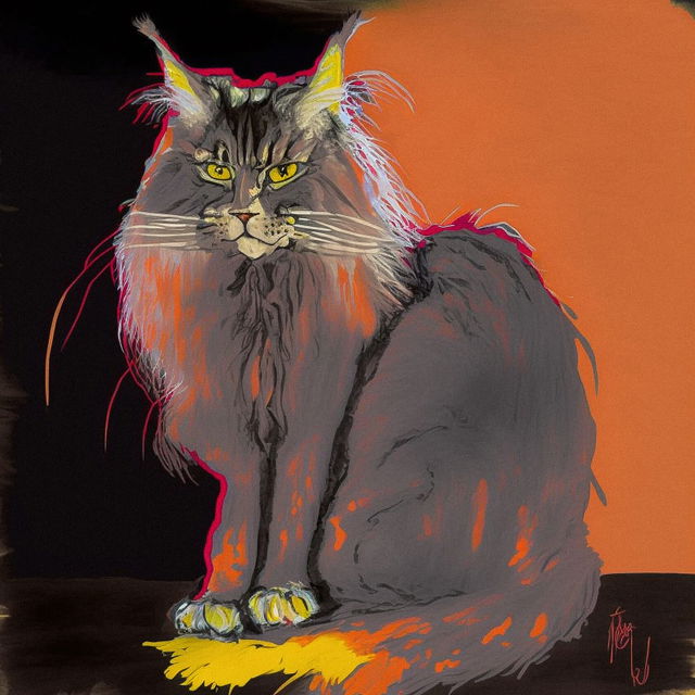 Mainecoon cat illustration using Midjourney prompt with --stylize 0, showcasing unique artistic style and composition.
