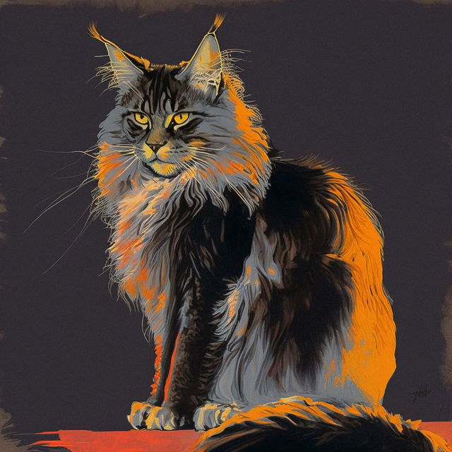 Mainecoon cat artwork by Fritz Scholder, generated with Midjourney prompt using --stylize 1000 for enhanced detail and composition.