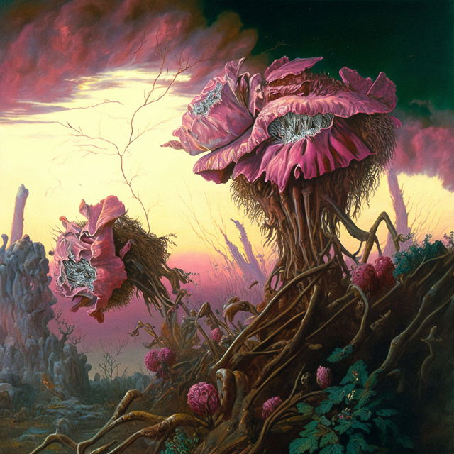 Decaying peonies by Bruce Pennington, Midjourney prompt with --stylize 0, showcasing unique floral composition and detail.