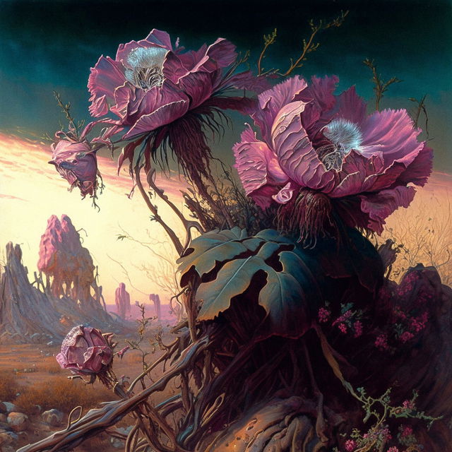 Decaying peonies by Bruce Pennington, Midjourney prompt with --stylize 1000, showcasing intricate details and artistic quality.