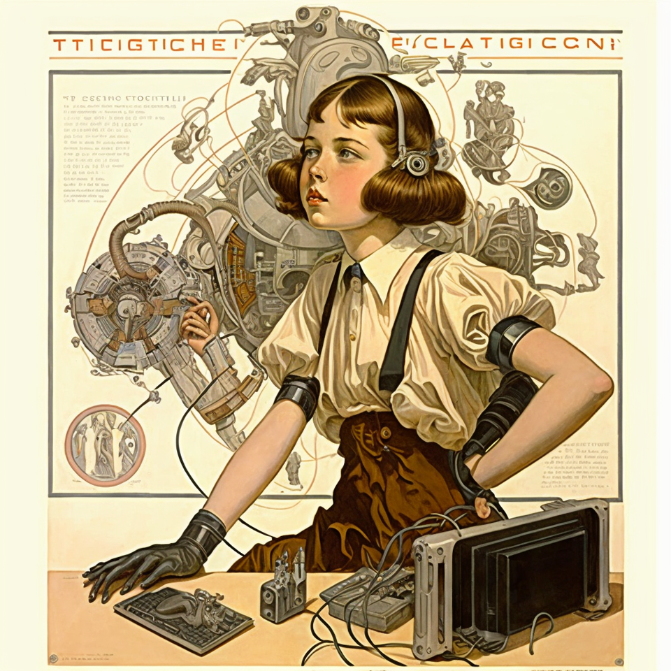 Midjourney prompt engineering with --stylize 0, showcasing tech genius teenage girl by J.C. Leindecker, intricate machinery background.