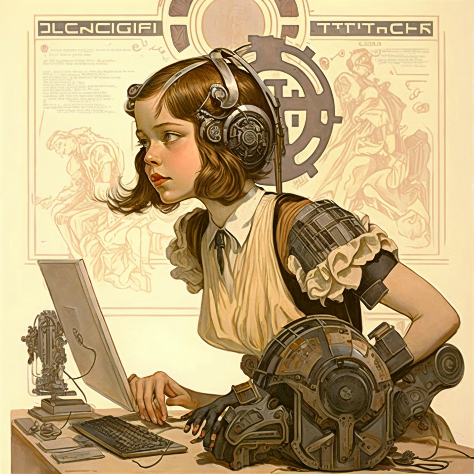 Midjourney prompt engineering with --stylize 500, showcasing tech genius teenage girl by J.C. Leindecker, V4 image generation techniques.