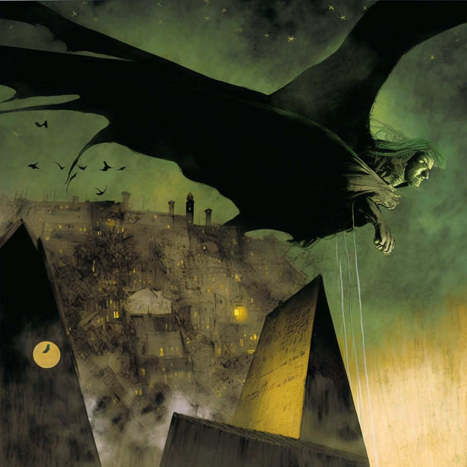 Nazgul over sleeping town by Dave McKean, Midjourney prompt with --stylize 0, V4 image generation, artistic quality, detail, composition.