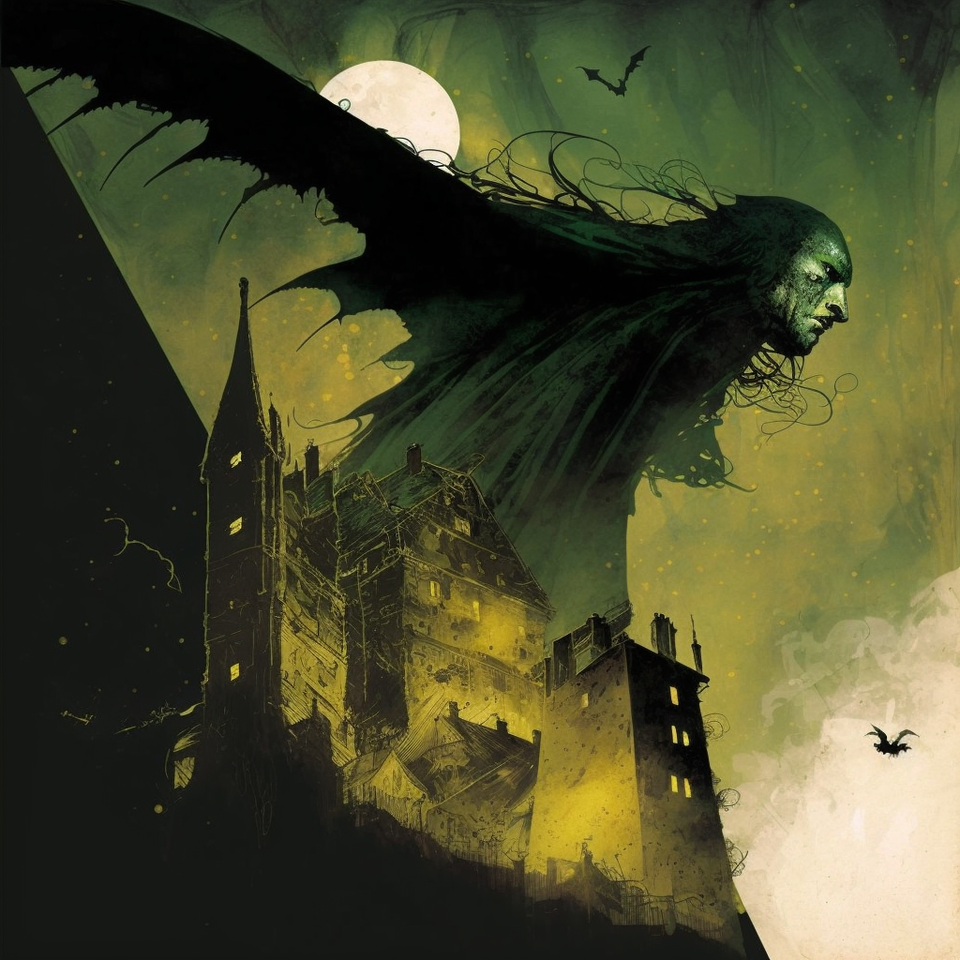Nazgul over sleeping town by Dave McKean, generated with Midjourney prompt, --stylize 100, showcasing detailed composition and artistic quality.