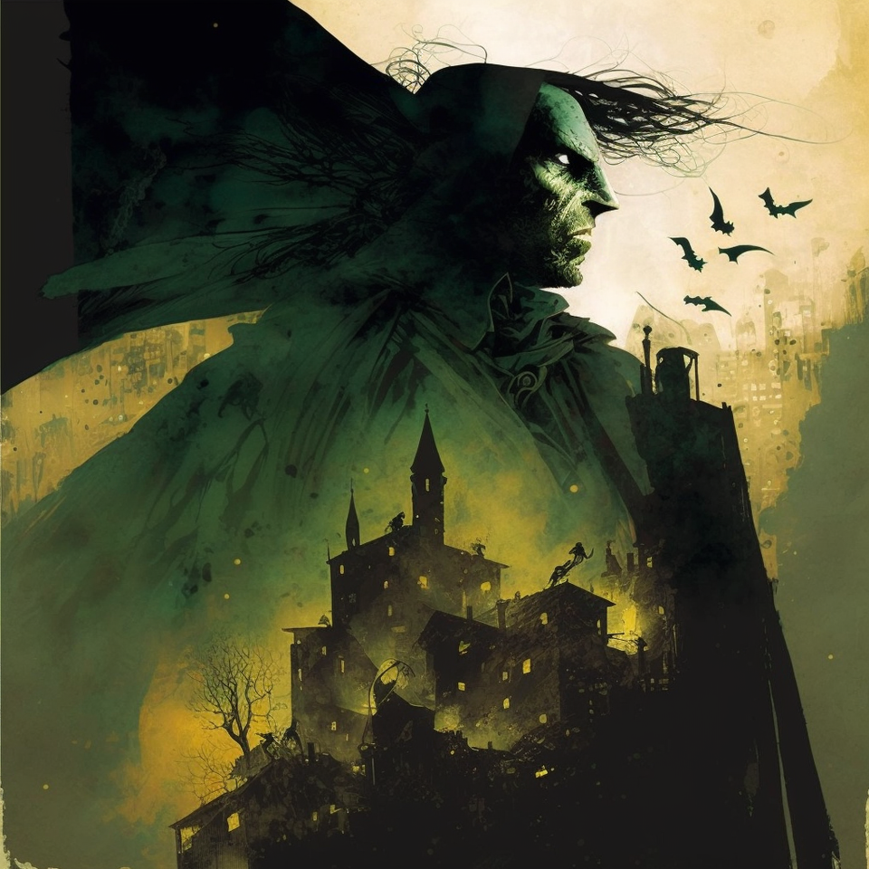 Nazgul over sleeping town by Dave McKean, Midjourney prompt with --stylize 1000, enhancing detail and artistic quality.