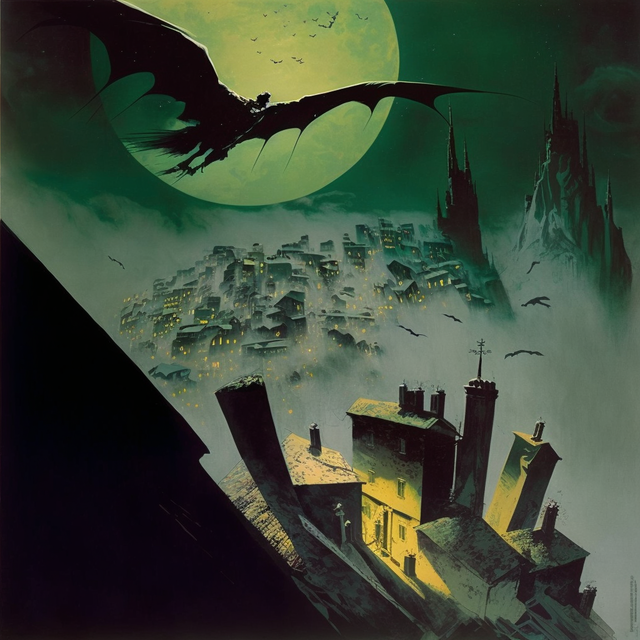 Nazgul over sleeping town by Ernst Haas, Midjourney prompt with --stylize 100, showcasing detailed composition and artistic quality.