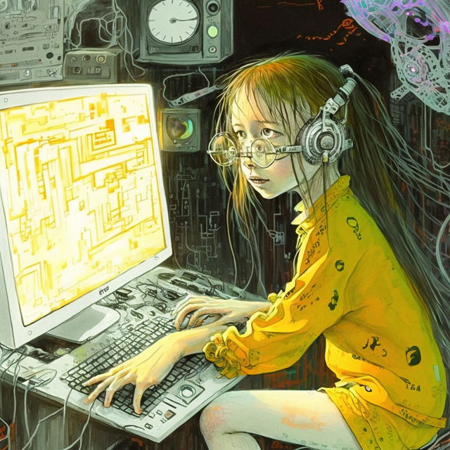 Teenage girl coding on computer, Midjourney prompt engineering, --stylize 0, V4 image generation techniques, artistic quality, detail, composition.