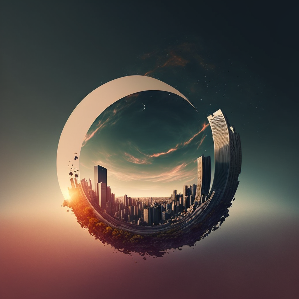 Midjourney prompt showcasing circular cityscape with stylize 500, emphasizing detail, composition, and artistic quality in V4 image generation.