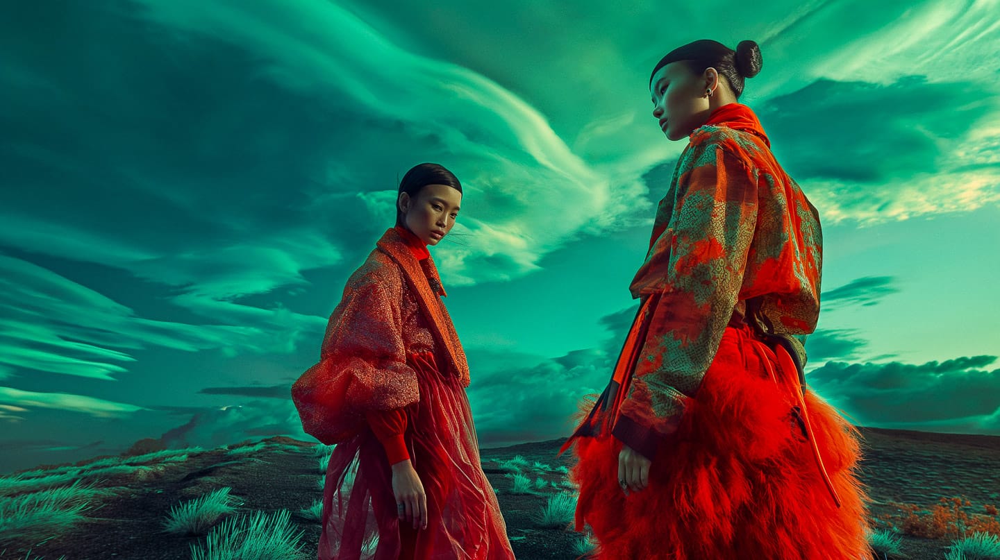 Two models in avant-garde red costumes on the Mongolian steppe beneath vivid green auroras, Midjourney V6.0