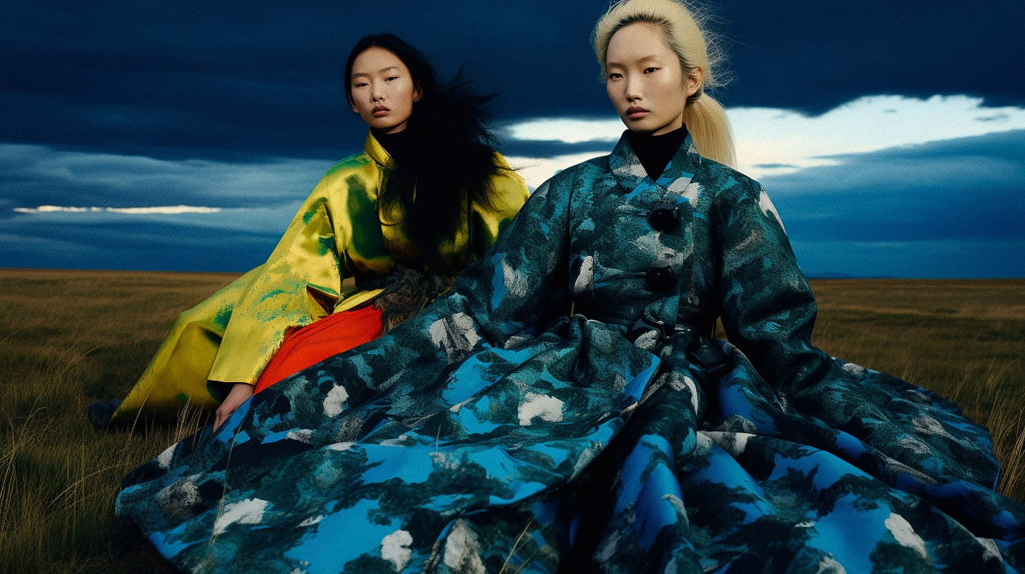 Two avant-garde fashion models on the Mongol steppe, photographed in a dark blue editorial style, Midjourney V5.2