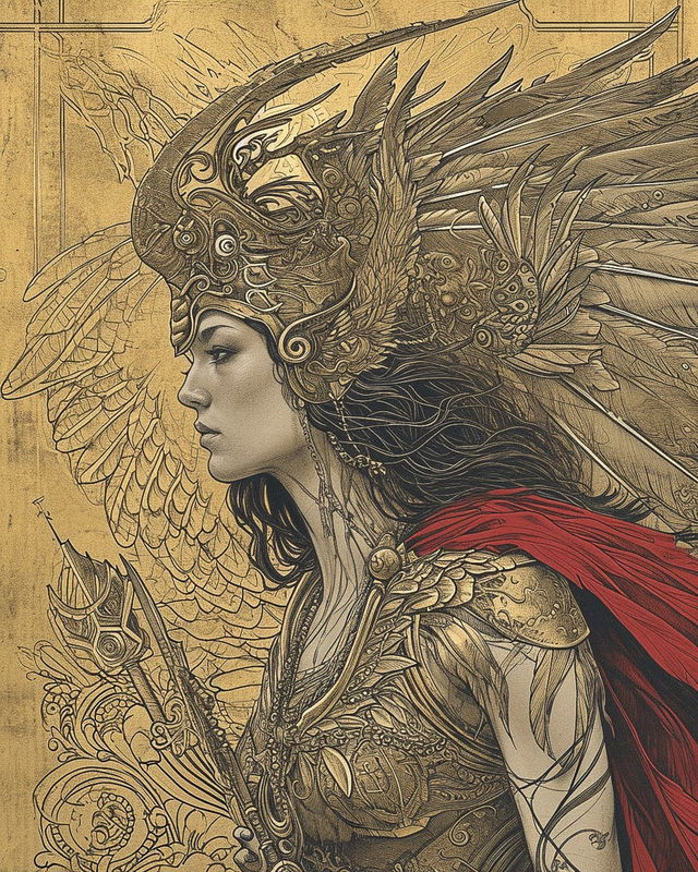 Queen of Valkyries in the style of Aaron Horkey, intricate sepia ink drawing with red accents, Midjourney V6.0