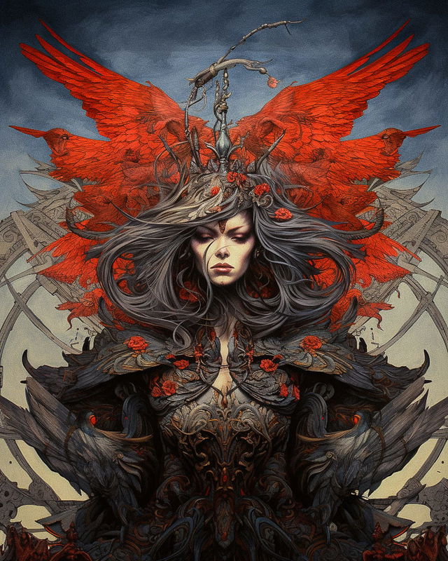 Queen of Valkyries with red wings and ornate armor, in the style of Aaron Horkey, Midjourney V5.2