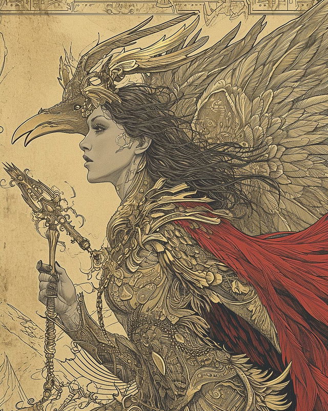 Queen of Valkyries in sepia ink illustration with red accents, feathered headdress and spear, Midjourney V6.0