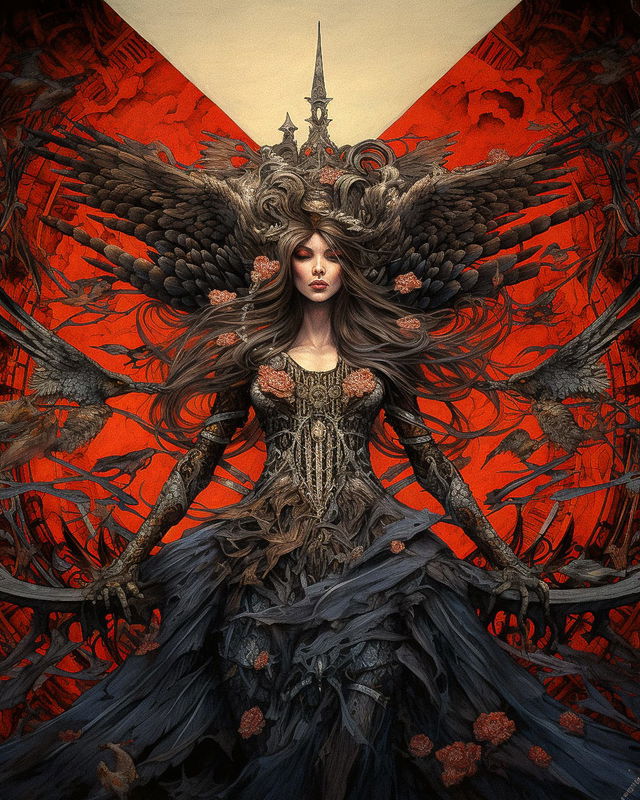 Queen of Valkyries in the style of Aaron Horkey, intricate dark illustration in red and black, Midjourney V5.2