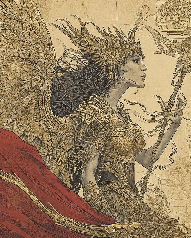 Queen of Valkyries in the style of Aaron Horkey, intricate sepia linework with muted red accents, Midjourney V6.0