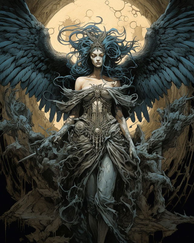Winged Valkyrie in ornate armor, dark blue-gray fantasy illustration in the style of Aaron Horkey, Midjourney V5.2