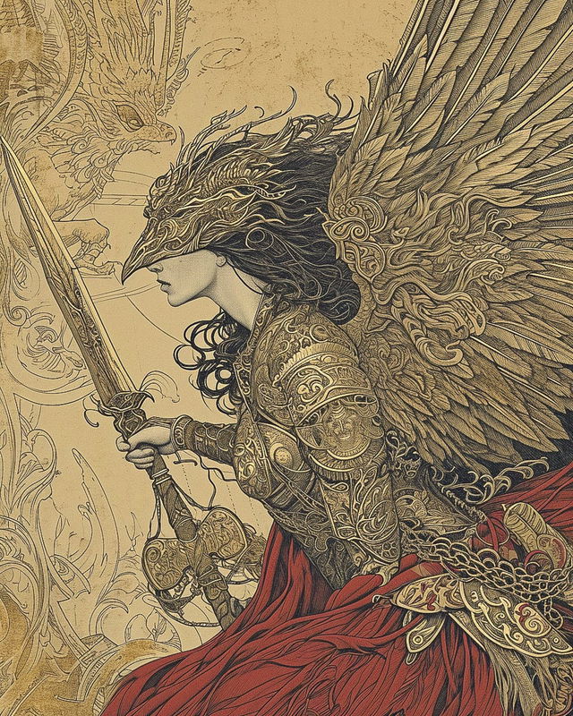 Queen of Valkyries in the style of Aaron Horkey, intricate ink drawing in sepia and red, Midjourney V6.0