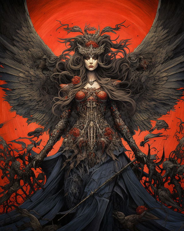 Queen of Valkyries with vast black wings, in the style of Aaron Horkey, dark red palette, Midjourney V5.2