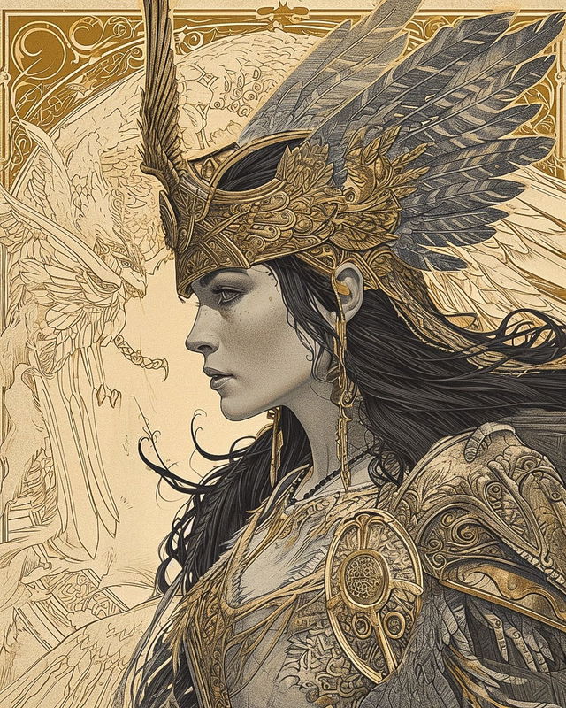 Profile of a winged Valkyrie in ornate armor, rendered as intricate sepia and gold line art, Midjourney V6.0