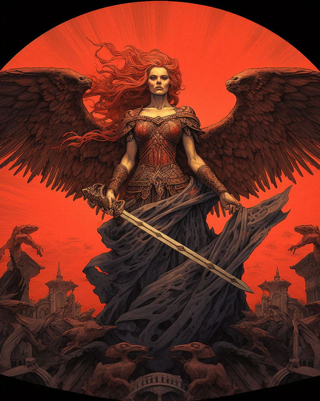 Winged Valkyrie with a sword, in the style of Aaron Horkey, with dark linework and fiery red light, Midjourney V5.2