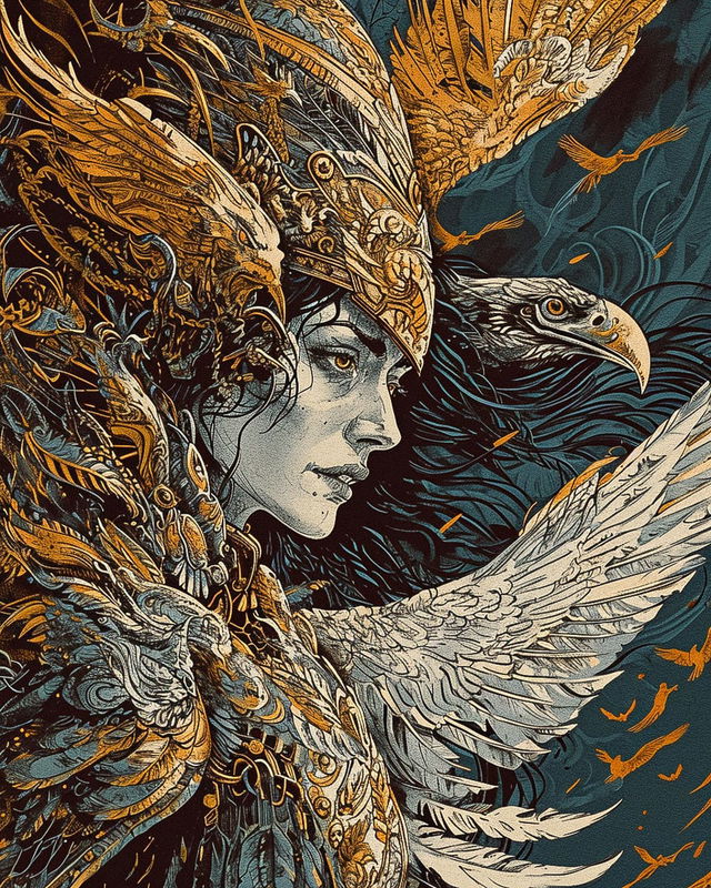 Queen of Valkyries with ravens and ornate armor, in Aaron Horkey's intricate etched style, Midjourney V6.0