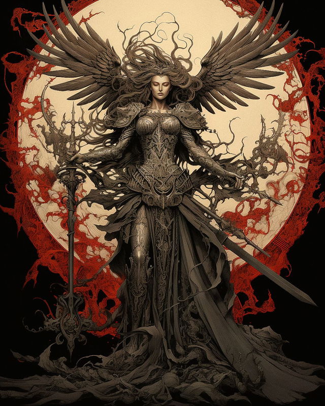 Queen of Valkyries with wings and swords, ornate dark illustration in black, red, and cream, Midjourney V5.2