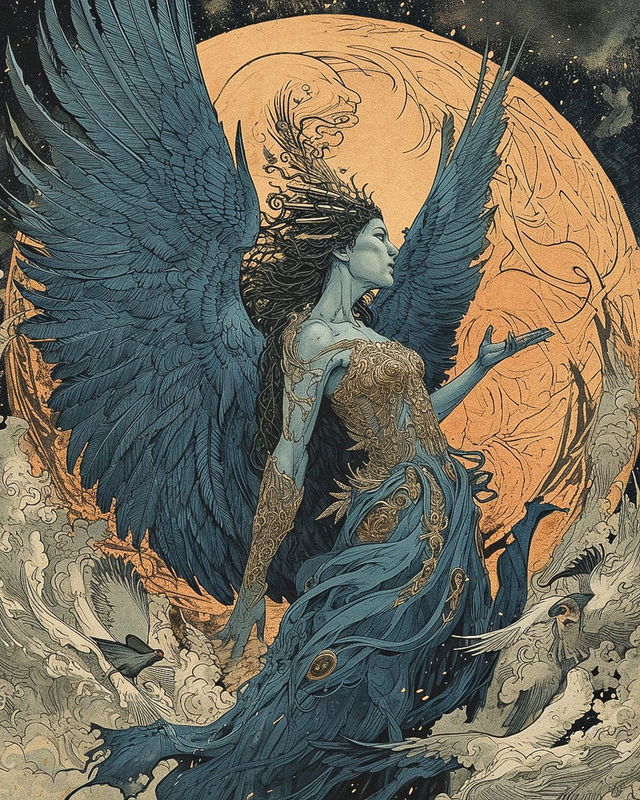 Winged Valkyrie in ornate armor, detailed ink illustration in muted blue, gold and peach tones, Midjourney V6.0
