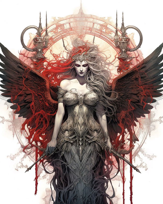 Queen of Valkyries with black wings, ornate armor, and swords in a red-and-gray illustration, Midjourney V5.2