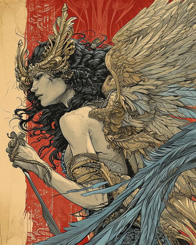 Queen of Valkyries with a sword and feathered wings, ornate ink illustration in muted red and gold, Midjourney V6.0