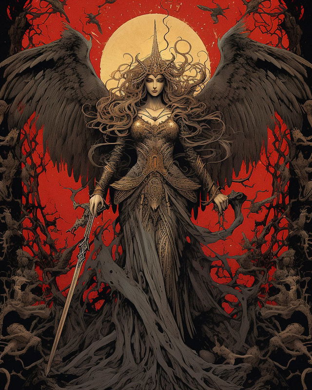 Queen of Valkyries with black wings and sword, ornate dark illustration in red and gold, Midjourney V5.2