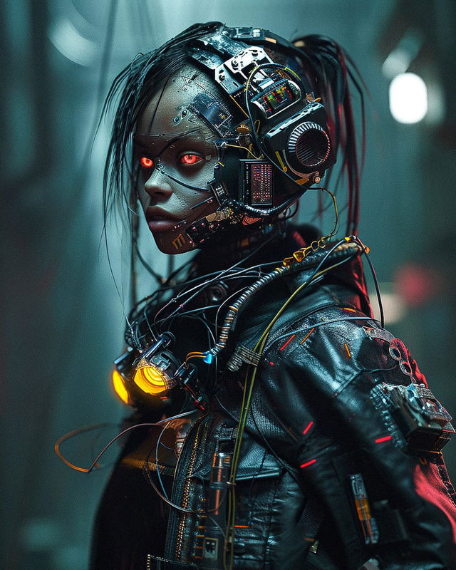 Cyberpunk character in the style of Sophie Taeuber-Arp, detailed teal-lit portrait with red accents, Midjourney V6.0
