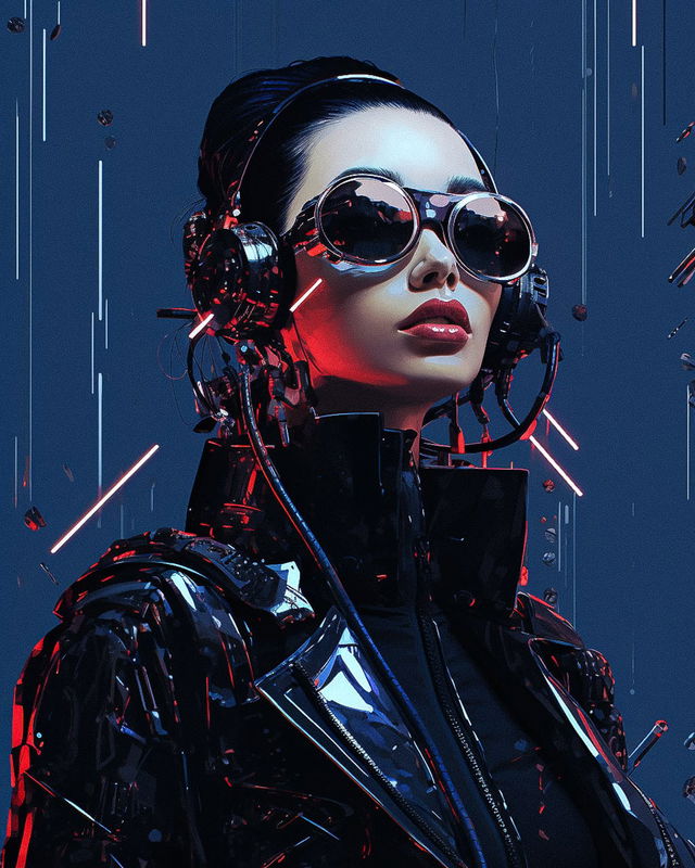 Cyberpunk woman with goggles and headphones in the style of Sophie Taeuber-Arp, Midjourney V5.2