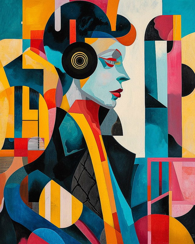 Cyberpunk woman in the style of Sophie Taeuber-Arp, geometric painting in vivid colors, Midjourney V6.0