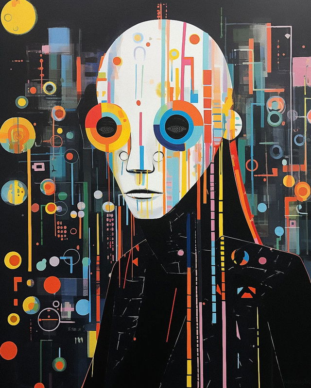 Cyberpunk character in the style of Sophie Taeuber-Arp, geometric shapes and vivid neon colors, Midjourney V5.2