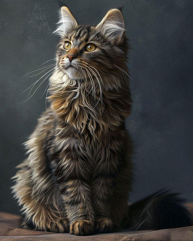 Cute Maine Coon cat in the style of Joost Swarte, dark fur, warm highlights, soft light, Midjourney V6.0