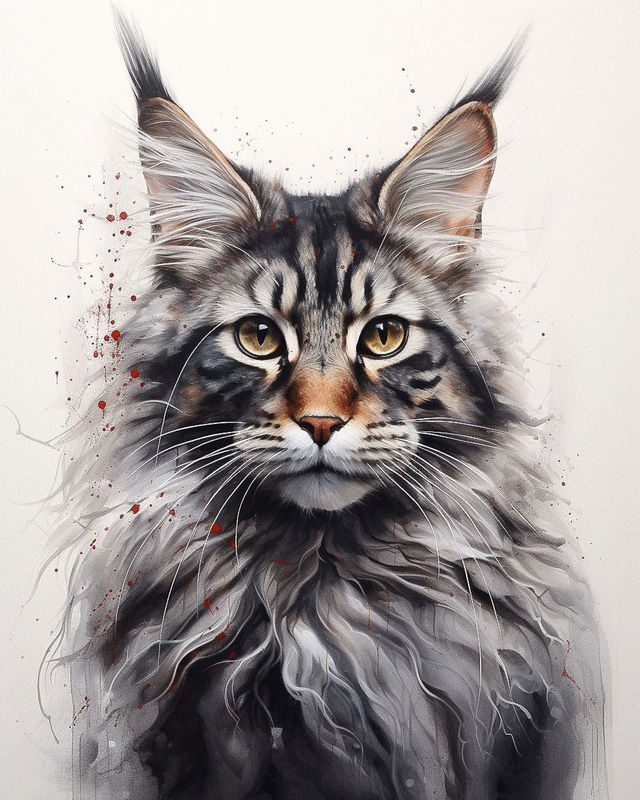 Cute Maine Coon cat portrait in Joost Swarte style, ink-wash illustration with muted grays, Midjourney V5.2