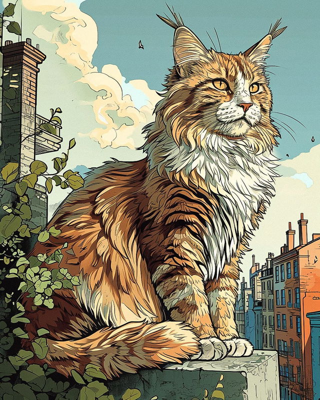 Cute Maine Coon cat in Joost Swarte's illustration style, warm inked colors and crisp daylight, Midjourney V6.0