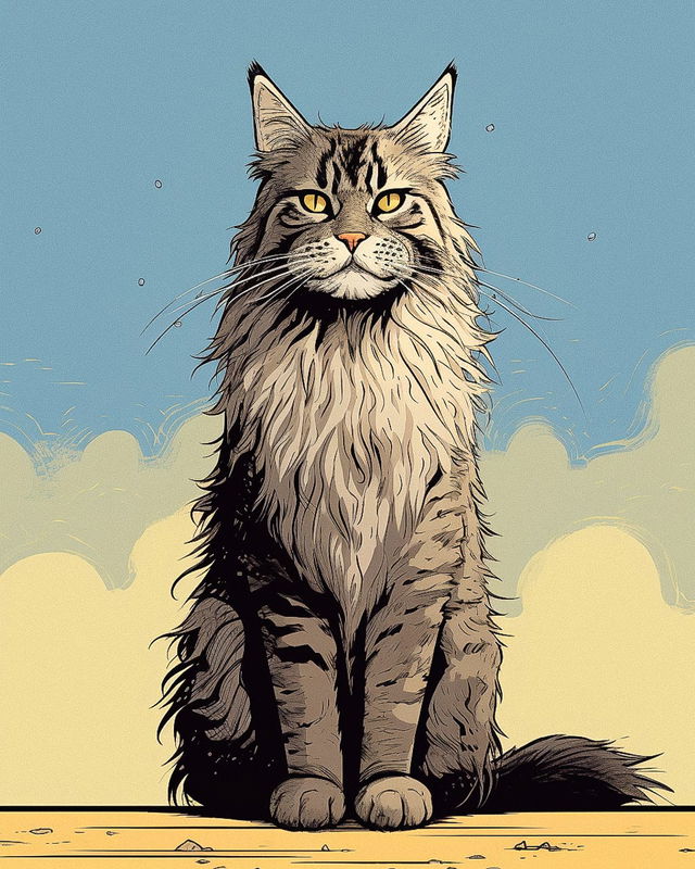 Cute Maine Coon cat in the style of Joost Swarte, ink illustration in muted blue and yellow, Midjourney V5.2