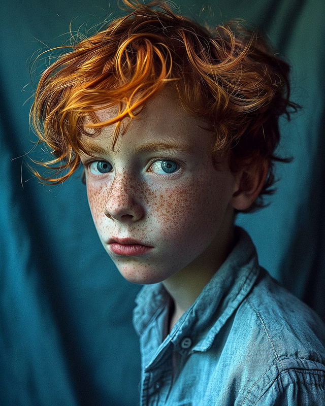 Freckled red-haired boy in a detailed portrait with cool teal lighting and warm copper hair, Midjourney V6.0