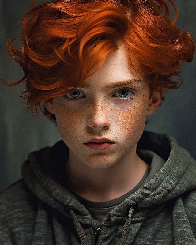 Close-up portrait of a red-haired boy in soft natural light and muted gray-green tones, Midjourney V5.2